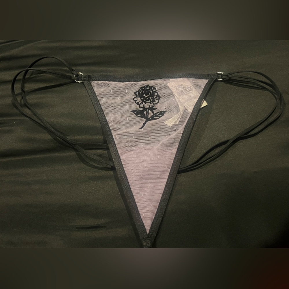 New vs pink sheer lavender rose detail strappy g string thong size S NWT